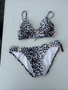 Victorias Secret Black & White Leopard Print Bikini with Gold V Accents XL / M
